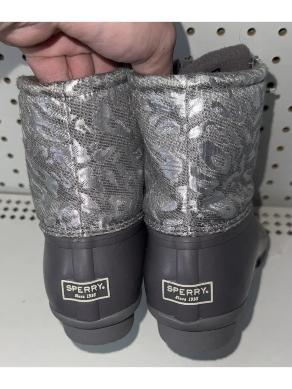 Sperry Saltwater Jacquard Womens Duck Rain Boots Size 10 Silver Leopard Print